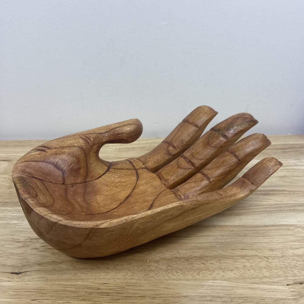 Large Indonesian Wood Carved Hand Bowl Sculpture Fruit Wooden Trinket Bowl